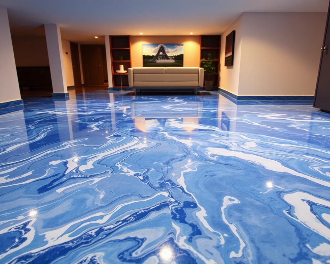 Modern residential basement featuring a glossy blue marbled metallic epoxy floor