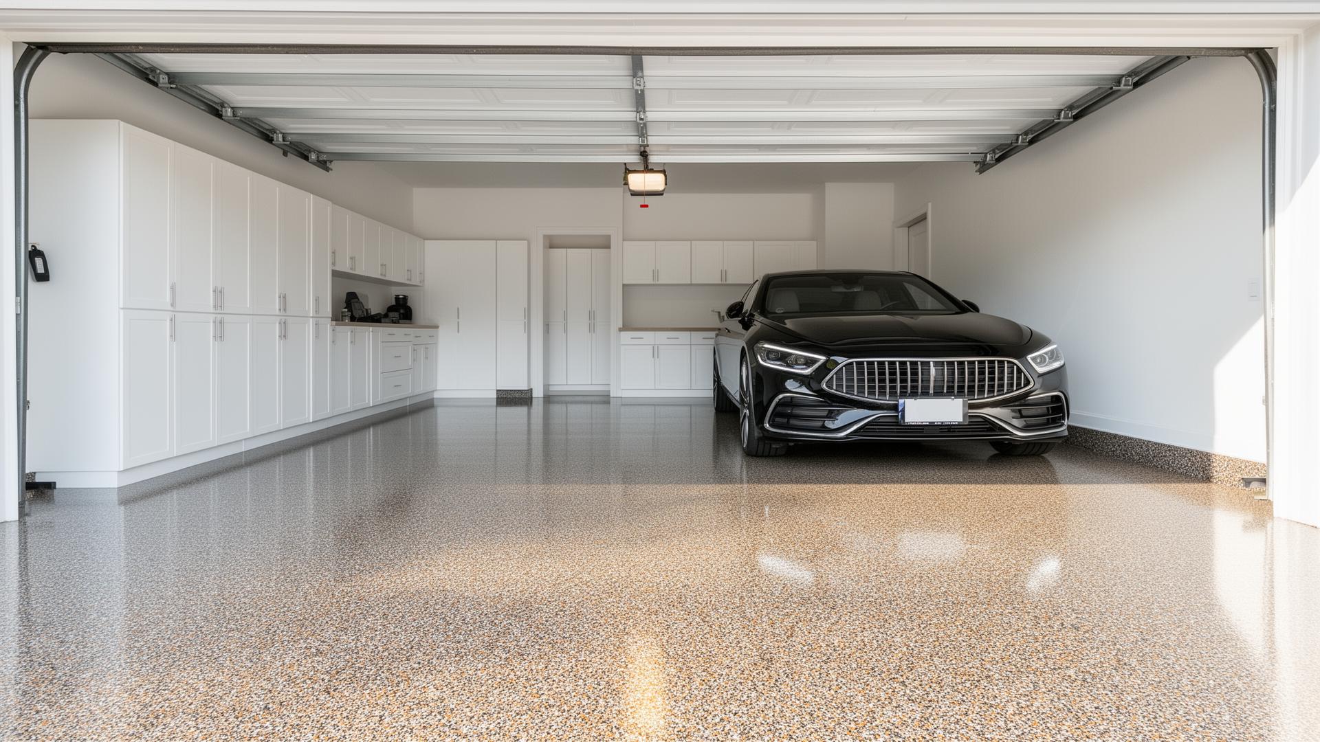 Close-up of a freshly installed decorative flake epoxy garage floor